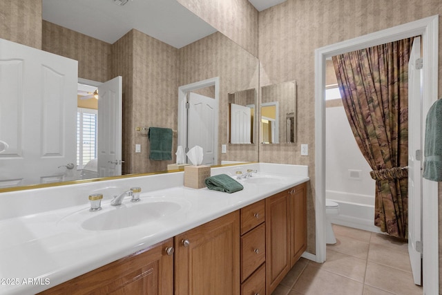 13827 N Mesquite Ln, Fountain Hills, AZ 85268 - full bath featuring tile patterned floors, wallpapered walls, double vanity, and a sink