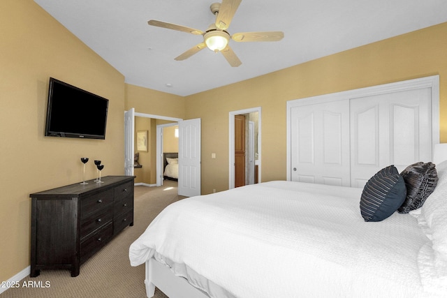 13827 N Mesquite Ln, Fountain Hills, AZ 85268 - bedroom with light carpet, a closet, baseboards, and a ceiling fan