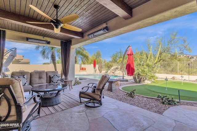 13827 N Mesquite Ln, Fountain Hills, AZ 85268 - view of patio / terrace with a fenced in pool, a fenced backyard, and ceiling fan