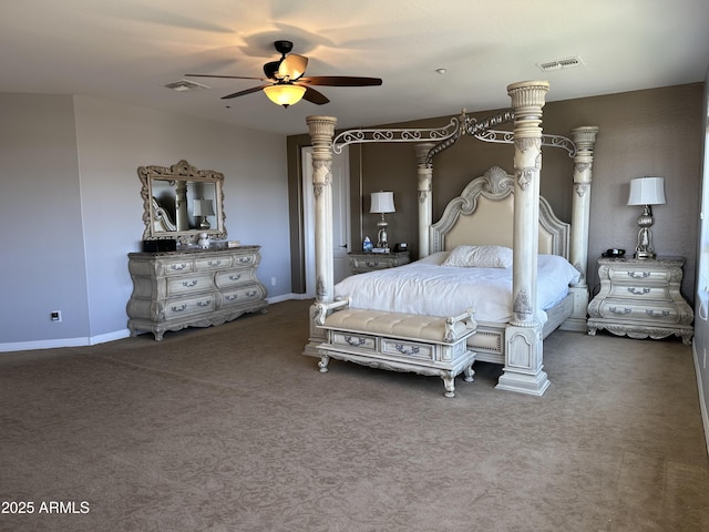 bedroom with visible vents, baseboards, a ceiling fan, and carpet flooring