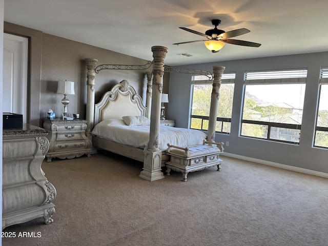 bedroom featuring a ceiling fan, carpet, visible vents, and baseboards