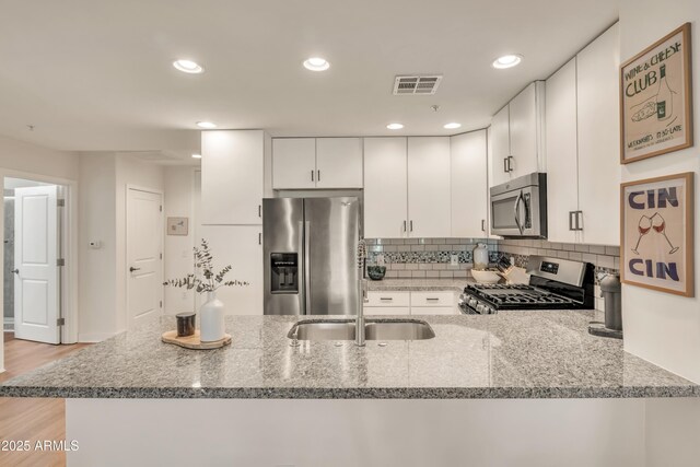 5450 E Deer Valley Dr Unit 1004, Phoenix, AZ 85054 - kitchen with stainless steel appliances, stone counters, a peninsula, a sink, and light wood-type flooring