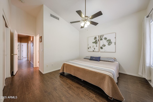 bedroom with baseboards, wood finished floors, and visible vents