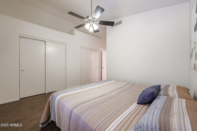 bedroom with visible vents, ceiling fan, and wood finished floors