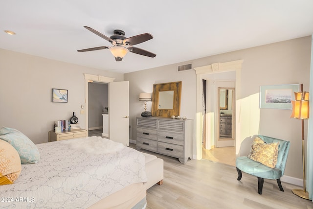 bedroom featuring light wood-type flooring and ceiling fan