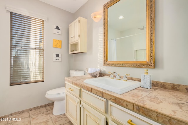 bathroom with vanity, walk in shower, and toilet