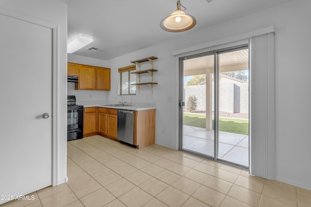 kitchen featuring sink, dishwasher, black range with electric stovetop, hanging light fixtures, and a wealth of natural light