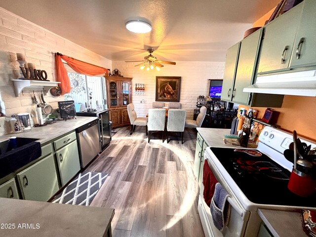 361 W Placer St, Ajo, AZ 85321 - kitchen featuring green cabinets, white range with electric cooktop, stainless steel dishwasher, and under cabinet range hood
