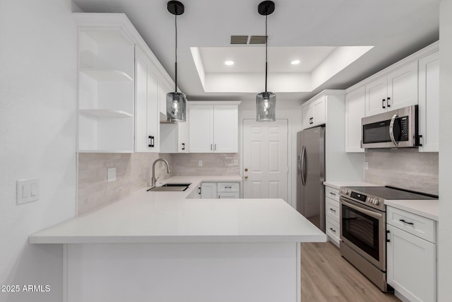 kitchen featuring open shelves, a tray ceiling, a sink, stainless steel appliances, and a peninsula