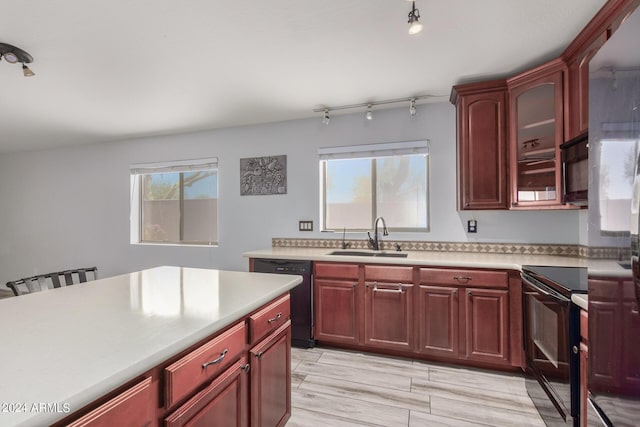 kitchen with light wood-type flooring, sink, and black appliances