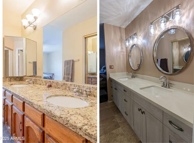 ensuite bathroom featuring double vanity, connected bathroom, and a sink