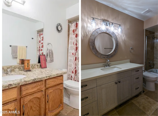 bathroom featuring two vanities, visible vents, a sink, and toilet