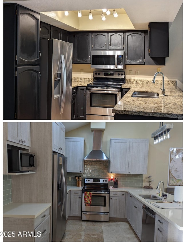 kitchen with tasteful backsplash, appliances with stainless steel finishes, a peninsula, wall chimney range hood, and a sink