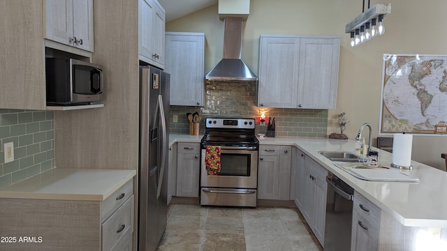 kitchen with decorative backsplash, appliances with stainless steel finishes, a sink, wall chimney range hood, and a peninsula