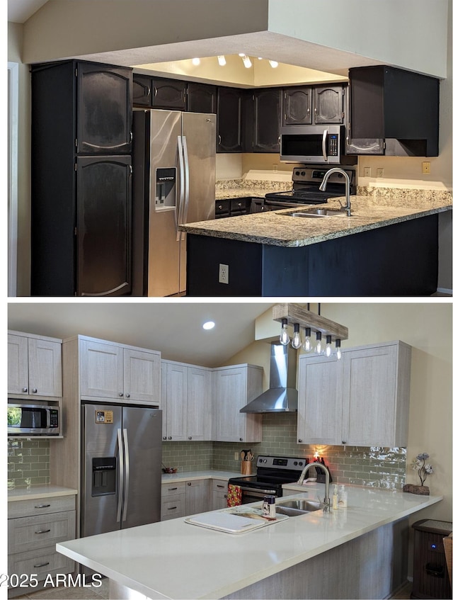 kitchen featuring stainless steel appliances, wall chimney range hood, a peninsula, and a sink