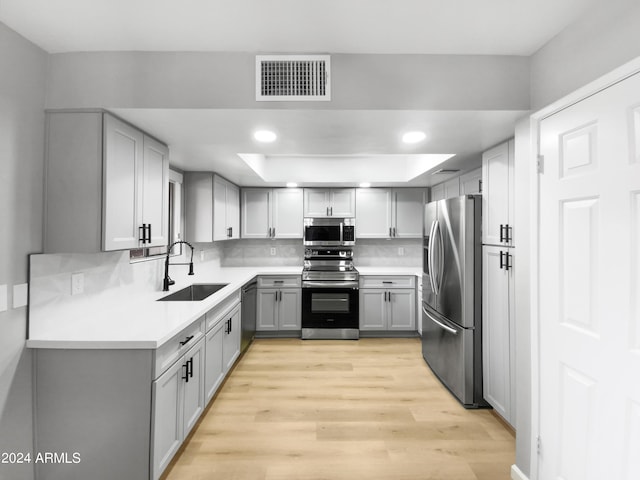 kitchen featuring tasteful backsplash, gray cabinets, visible vents, appliances with stainless steel finishes, and a sink