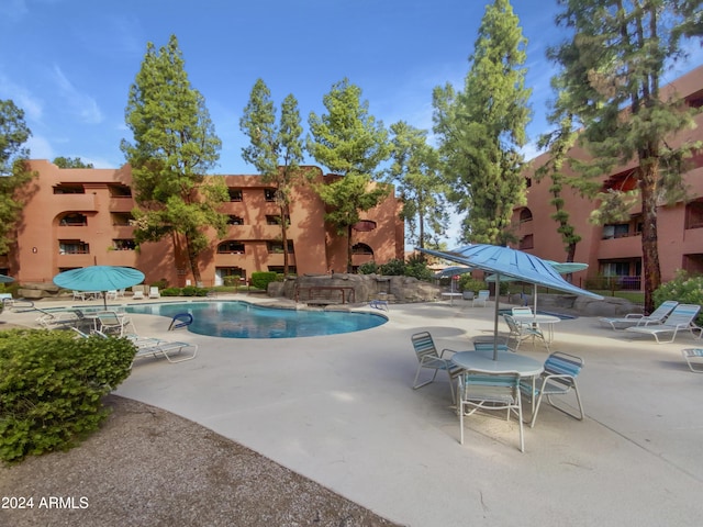 view of swimming pool with a patio area