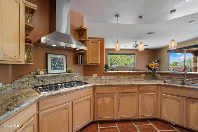 25483 N Wrangler Rd, Scottsdale, AZ 85255 - kitchen featuring open shelves, range hood, stainless steel gas stovetop, a sink, and hanging light fixtures