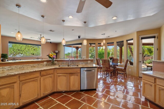 25483 N Wrangler Rd, Scottsdale, AZ 85255 - kitchen featuring ceiling fan, a sink, dishwasher, recessed lighting, and pendant lighting