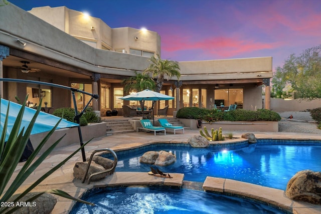 25483 N Wrangler Rd, Scottsdale, AZ 85255 - view of pool with a patio, a ceiling fan, and a pool with connected hot tub