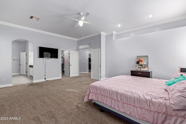 1442 W Laurel Ave, Gilbert, AZ 85233 - bedroom with crown molding, arched walkways, carpet floors, baseboards, and recessed lighting