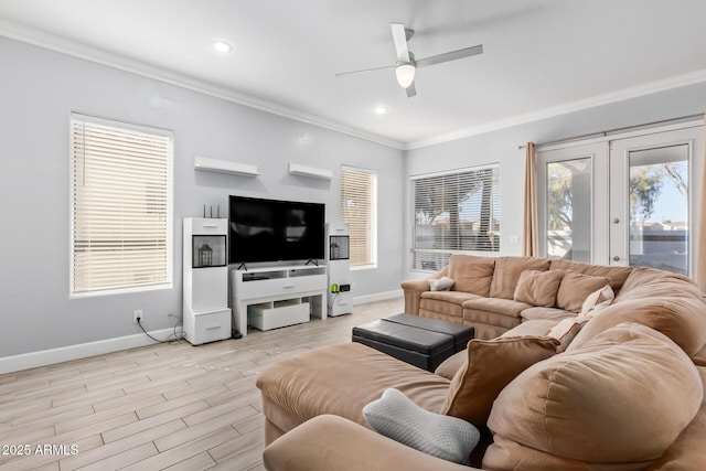 1442 W Laurel Ave, Gilbert, AZ 85233 - living area with ornamental molding, baseboards, french doors, a ceiling fan, and light wood-style floors