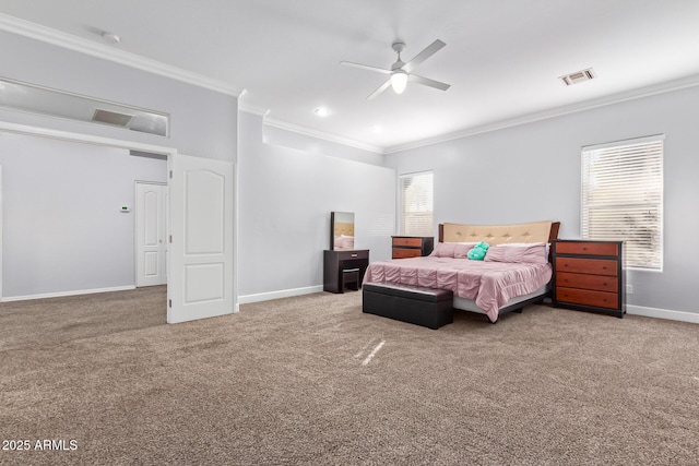 1442 W Laurel Ave, Gilbert, AZ 85233 - carpeted bedroom with crown molding, baseboards, and a ceiling fan