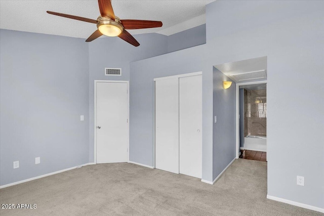 2954 N Oregon St Unit 6, Chandler, AZ 85225 - unfurnished bedroom featuring high vaulted ceiling, carpet floors, a closet, and a ceiling fan