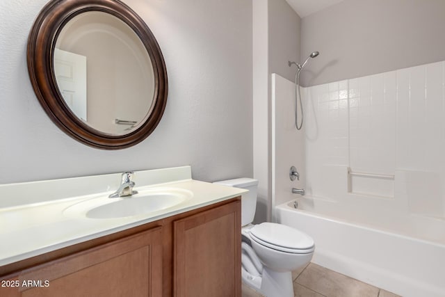 full bath with toilet, tile patterned flooring,  shower combination, and vanity