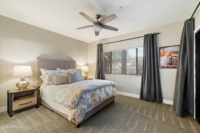 bedroom featuring carpet flooring, a ceiling fan, and baseboards