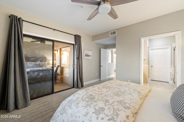 bedroom featuring a ceiling fan, carpet, visible vents, and baseboards