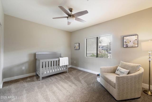 bedroom with carpet floors, ceiling fan, and baseboards