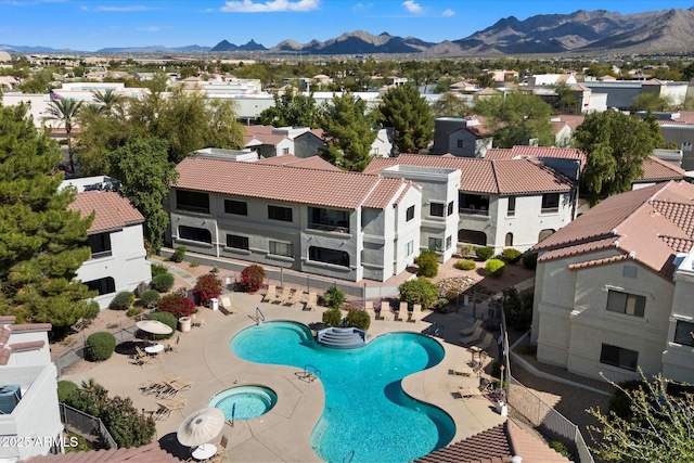 aerial view featuring a residential view and a mountain view