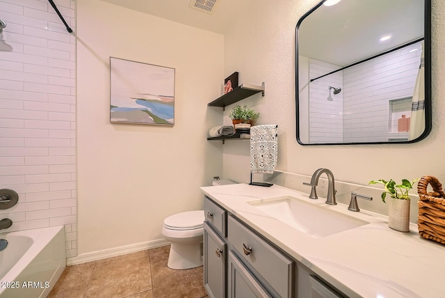 full bathroom with tile patterned floors, visible vents, toilet, bathtub / shower combination, and vanity