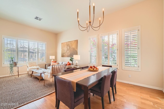 dining room featuring plenty of natural light, light wood-style floors, and visible vents