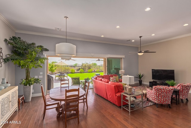 living room with dark wood-type flooring, ceiling fan, and ornamental molding