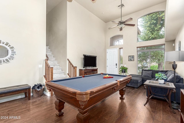 rec room featuring ceiling fan, dark hardwood / wood-style flooring, high vaulted ceiling, and billiards