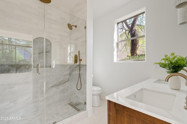 24645 N 117th St, Scottsdale, AZ 85255 - full bath with a shower stall, double vanity, toilet, and tile patterned floors
