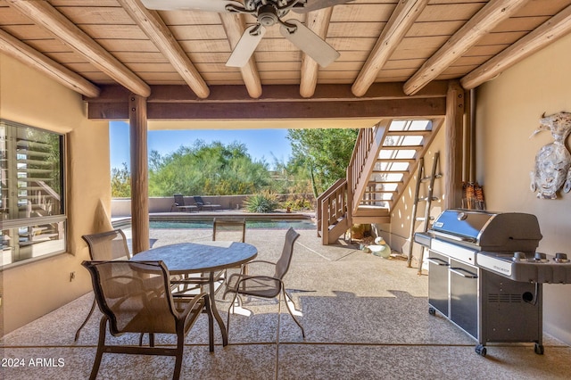 view of patio / terrace with ceiling fan, a fenced in pool, and grilling area