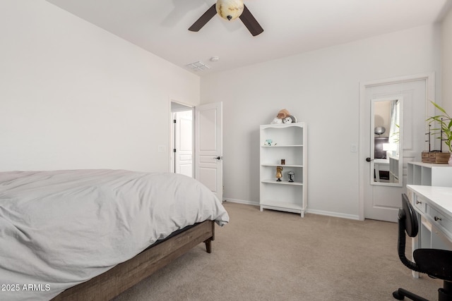 bedroom featuring light carpet, baseboards, and ceiling fan