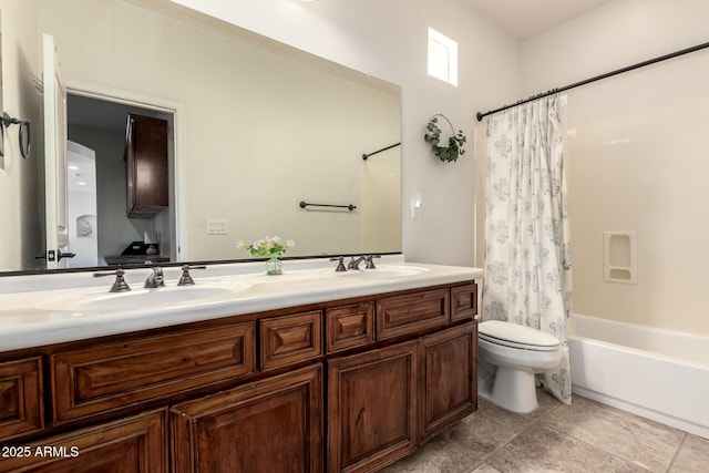 full bathroom with toilet, double vanity, and shower / tub combo