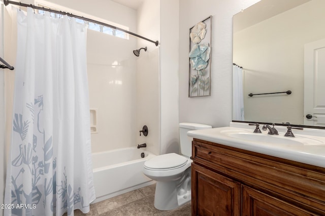 full bath with toilet, vanity, and shower / bathtub combination with curtain