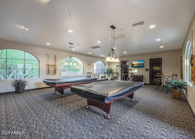 game room with dark carpet and billiards