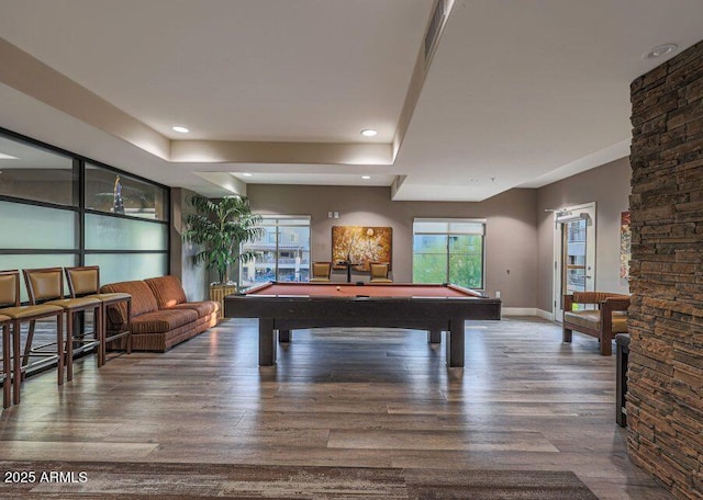 game room with hardwood / wood-style flooring and billiards