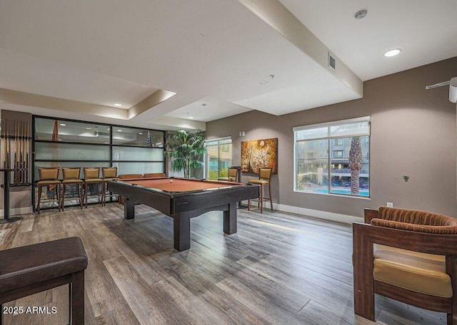 rec room with wood-type flooring and pool table