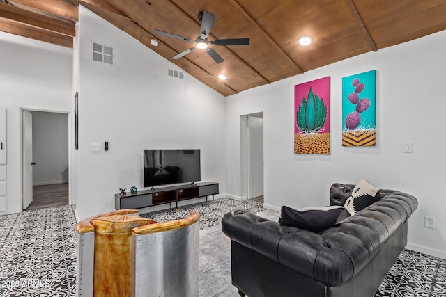 6628 N 2nd Ave, Phoenix, AZ 85013 - living room featuring ceiling fan, baseboards, wood ceiling, recessed lighting, and high vaulted ceiling