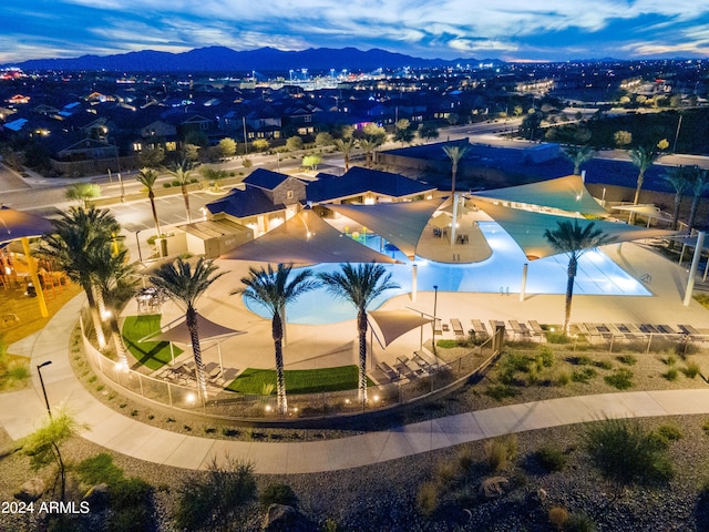 drone / aerial view featuring a mountain view and a residential view