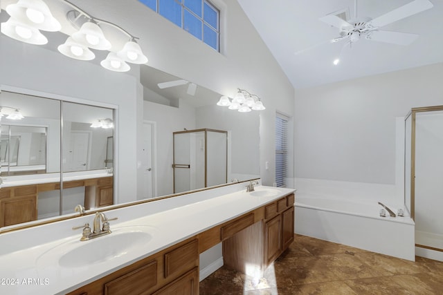 bathroom with vanity, vaulted ceiling, tile patterned flooring, ceiling fan, and shower with separate bathtub