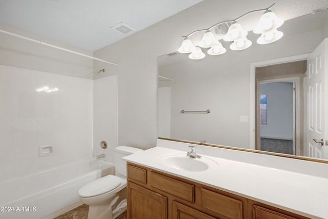 full bath with toilet, washtub / shower combination, visible vents, and vanity