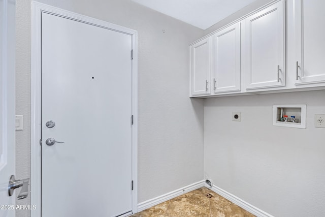 washroom featuring baseboards, hookup for a washing machine, cabinet space, and hookup for an electric dryer